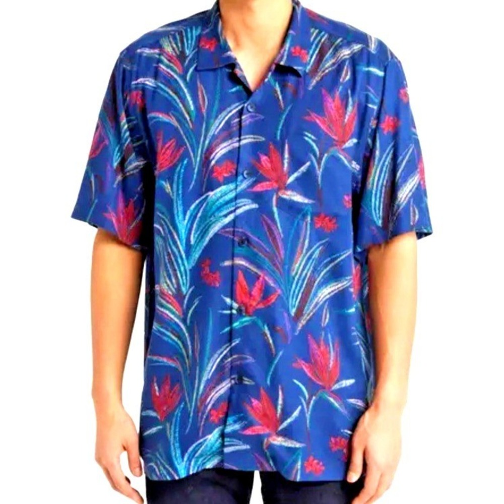 Tommy Bahama Silk Shirt Men XXL Blue Floral Camp Loop Collar Short Sleeve Button